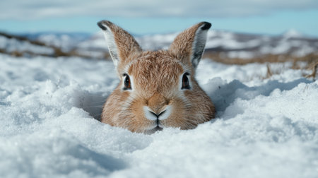 Brown rabbit peeking out of snowdriftの素材
