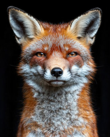 Close-up portrait of a red fox against a black backgroundの素材
