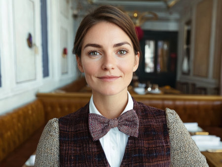 Portrait of a young woman wearing a bow tieの素材