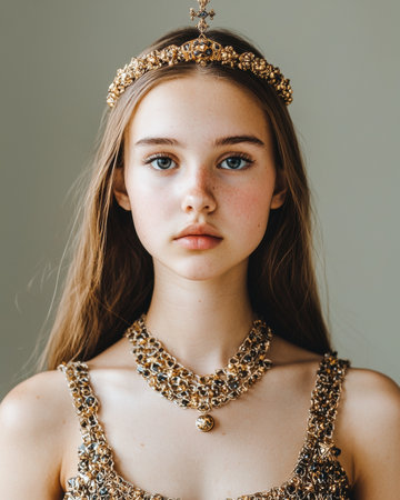 Portrait of a young woman wearing a gold crown and necklaceの素材