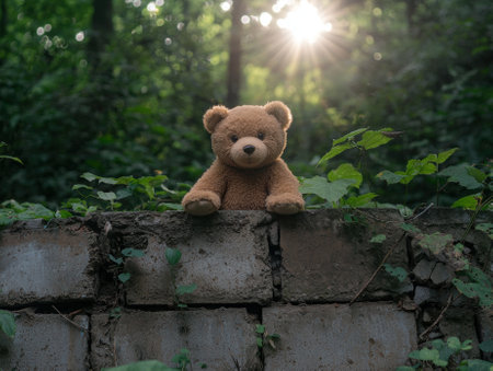 Teddy bear sitting on a wall in the woodsの素材