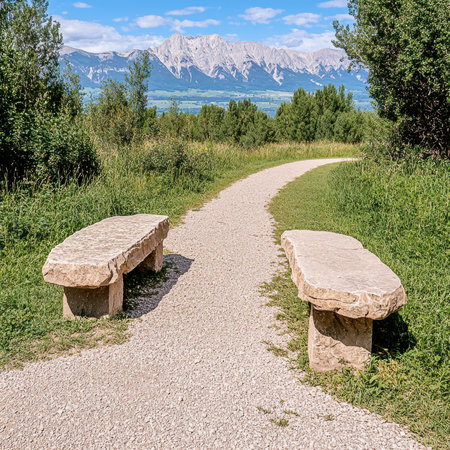 Stone benches along a gravel path with mountain viewsの素材