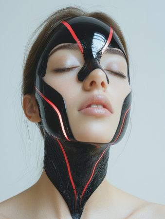 Woman with futuristic face mask and red accentsの素材