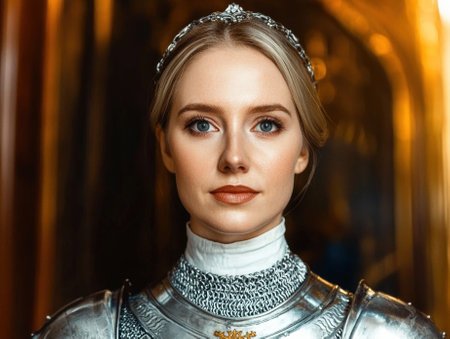 Portrait of a beautiful blonde woman in medieval armorの素材