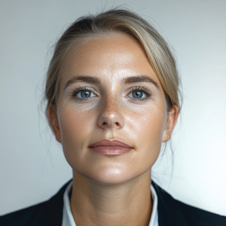 Portrait of a young businesswoman with blue eyesの素材