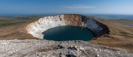 Aerial view of a crater lake in a volcanic landscapeの素材