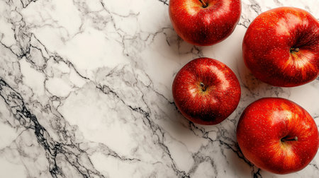 Four red apples on a marble surfaceの素材
