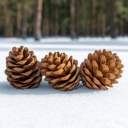 Three pine cones on a snowy surfaceの素材