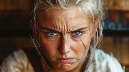 Close-up portrait of a young woman with a determined expressionの素材