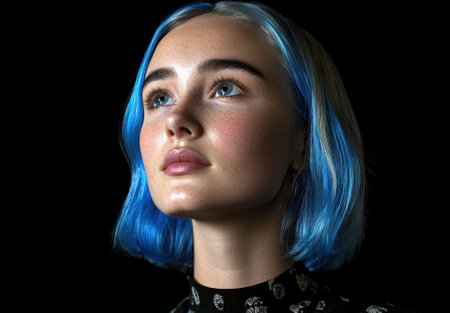 Young woman with blue hair looking upの素材