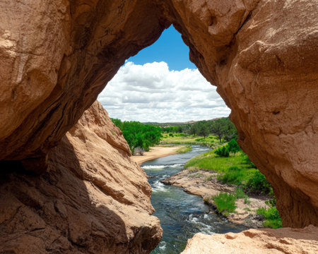 A rocky opening reveals a stunning river viewの素材