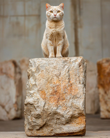Orange tabby cat sitting on a rockの素材