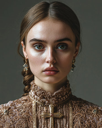 Portrait of a young woman wearing a vintage-style dress and cross necklaceの素材