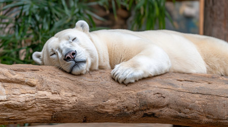 Polar bear sleeping peacefully on a logの素材
