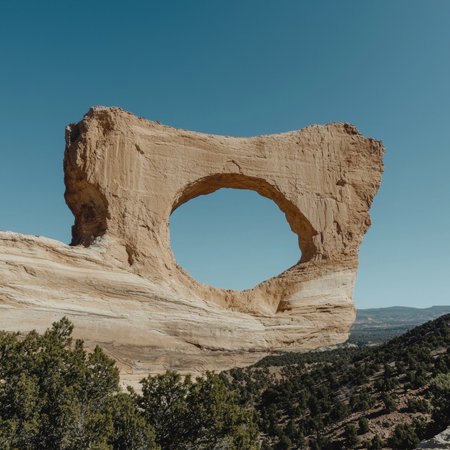 A perfect circle of rock archway in the desertの素材