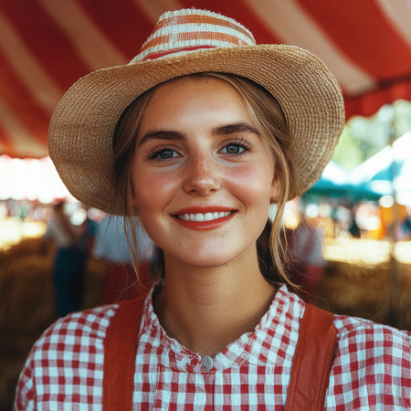 Smiling woman in straw hat and red gingham shirtの素材
