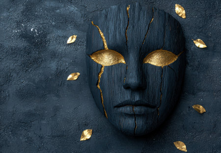 Black and gold mask with cracks, surrounded by golden leavesの素材