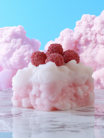 Raspberries on a pink and white sugar rock candyの素材