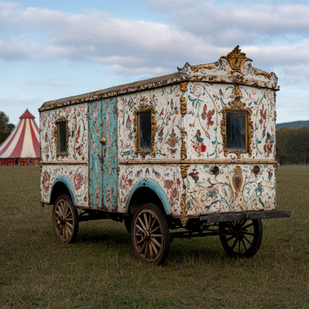 Ornate vintage caravan in a fieldの素材