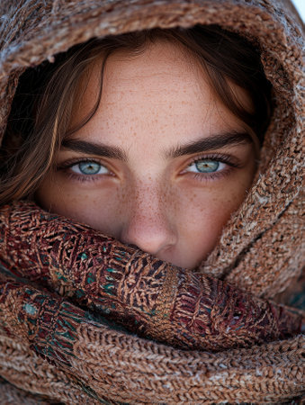 Close-up portrait of a woman with freckles, wearing a warm knitted scarf.の素材