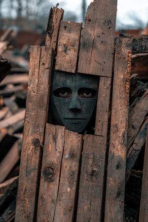 Mysterious masked figure peering through wooden planksの素材