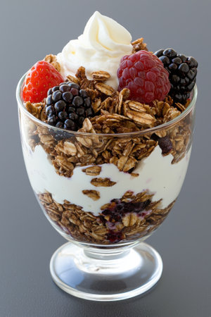 Delicious parfait with granola, yogurt, and berriesの素材