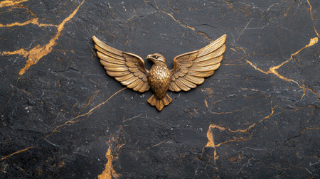 Golden eagle statue on black marble backgroundの素材