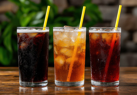 Three refreshing iced drinks with yellow strawsの素材
