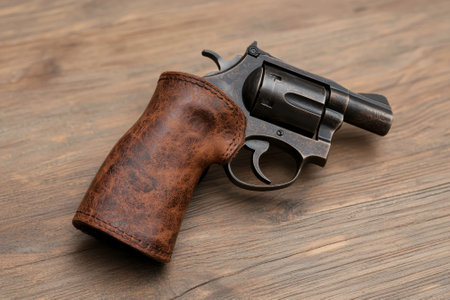 Close-up of a revolver with a brown leather grip on a wooden surfaceの素材