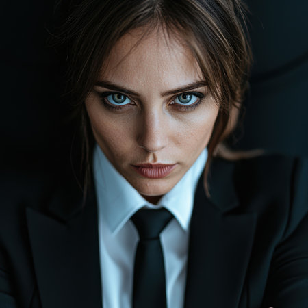 Confident businesswoman in a black suit and white shirtの素材