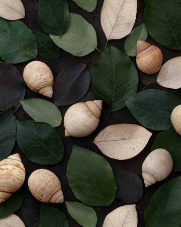 Snail shells and leaves on dark backgroundの素材