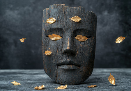 Black wooden mask with gold leavesの素材