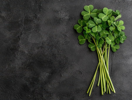 Green shamrock clover leaves on dark backgroundの素材
