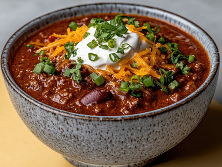 A bowl of hearty chili topped with cheese, sour cream, and green onionsの素材