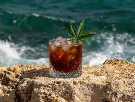 Cannabis infused cocktail on the rocks by the oceanの素材