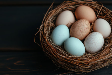 Pastel colored eggs in a bird's nestの素材