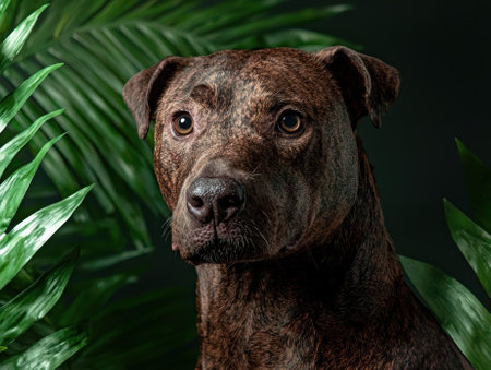 Close-up portrait of a brindle pit bull terrier dog surrounded by lush green tropical leavesの素材