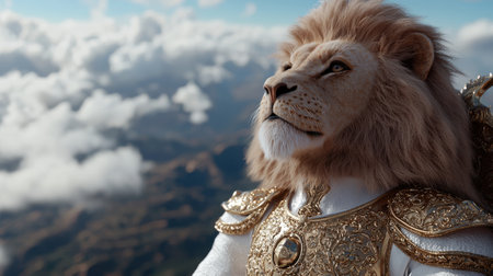 Majestic lion in golden armor overlooking a vast landscapeの素材