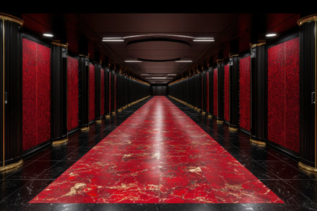 Red and black marble hallway with gold accentsの素材
