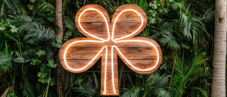 Wooden clover neon sign against a lush green backgroundの素材