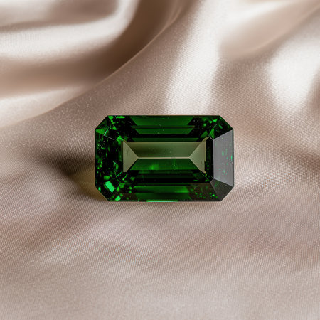 Emerald cut green gemstone on silkの素材