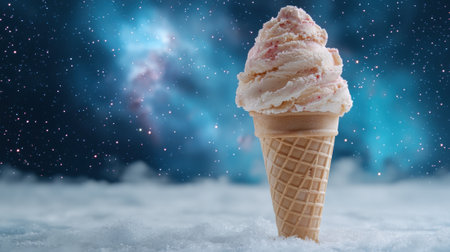 Ice cream cone in snowy landscape with starry night sky backgroundの素材