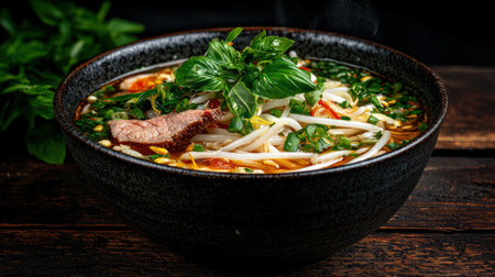 Delicious steaming bowl of beef noodle soupの素材