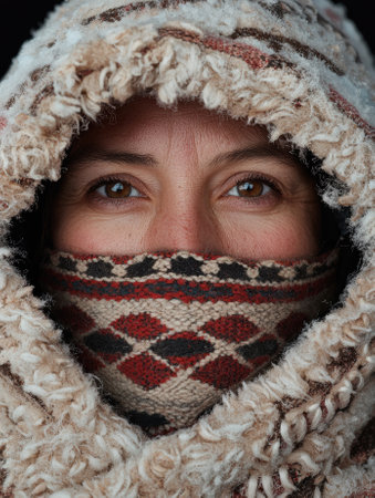 Close-up portrait of a woman's face partially covered by a warm winter hood and scarfの素材