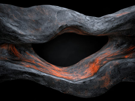 Abstract dark gray and orange rock formation with a hole in the middleの素材