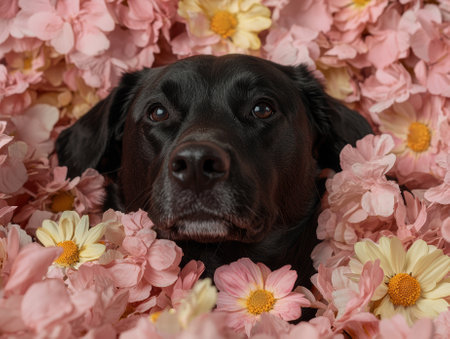 Black labrador dog surrounded by pink flowersの素材