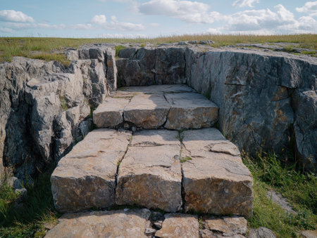Stone steps leading up to a grassy hilltopの素材
