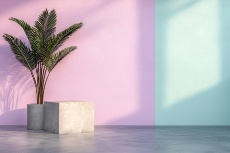 Pastel pink and mint green wall with concrete cube and plantの素材