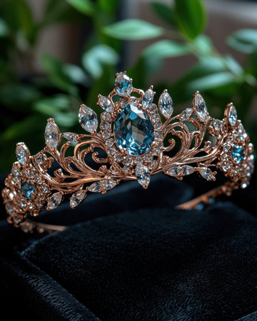 Rose gold tiara with blue gemstones and diamondsの素材