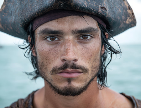 Close-up portrait of a man with a weathered pirate hatの素材